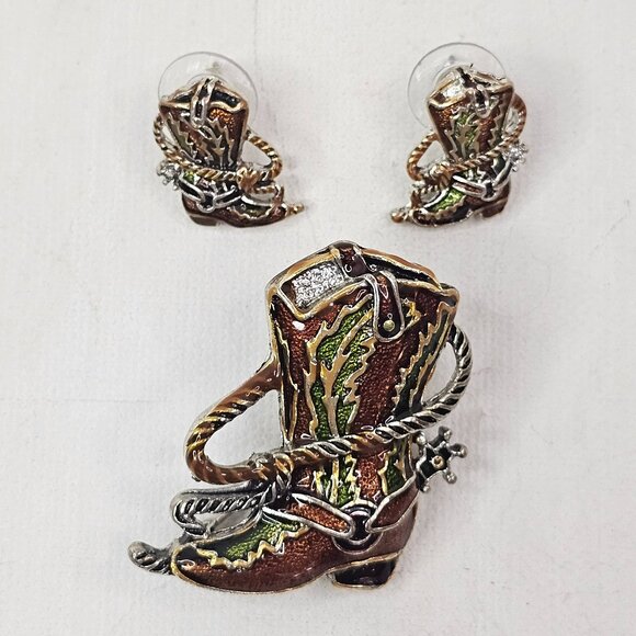 Silver Tone Western Cowgirl Cowboy Boot Brooch Earrings Set Spur Rope Boots Pin - Picture 1 of 9